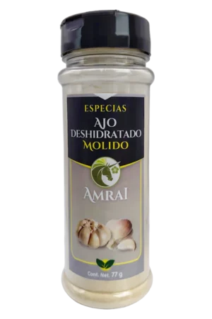 AMRAI NAME, Ajo Deshidratado Molido, frasco de 77 g con tapa negra.