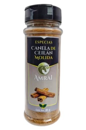 AMRAI Canela de Ceilán Molida, especias, frasco de 45 g con tapa negra.