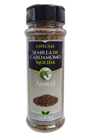 AMRAI Semilla De Cardamomo Molida, especias, frasco de 81 g con tapa negra.