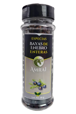 AMRAI Bayas De Enebro Enteras, especias, frasco de 40 g con tapa negra.