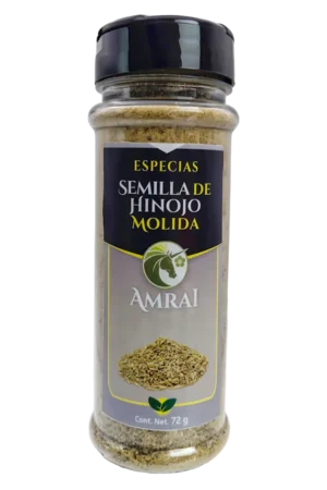 AMRAI Semilla De Hinojo Molida, especias, frasco de 72 g con tapa negra.
