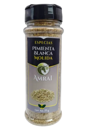 AMRAI Pimienta Blanca Molida, especias, frasco de 77 g con tapa negra.