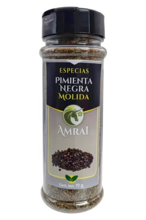 AMRAI Pimienta Negra Molida , especias, frasco de 77 g con tapa negra.