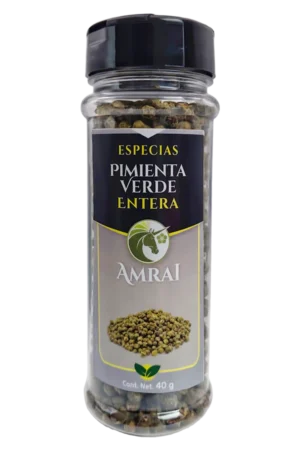 AMRAI Pimienta Verde Entera, especias, frasco de 40 g con tapa negra.