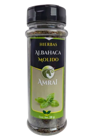 AMRAI Albahaca Molida, hierbas, frasco de 38 g con tapa negra.