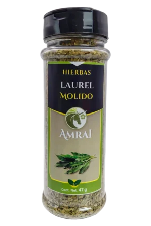 AMRAI Laurel Molido, hierbas, frasco de 50 g con tapa negra.