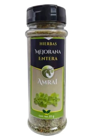 AMRAI Mejorana Entera, hierbas, frasco de 22 g con tapa negra.