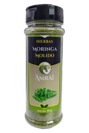 AMRAI Hojas de Moringa Molidas, hierbas, frasco de 45 g con tapa negra.