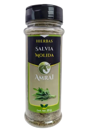 AMRAI Salvia Molida, hierbas, frasco de 29 g con tapa negra.