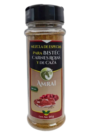 AMRAI Mezcla de Especias Para Bistec, Carnes Rojas Y De Caza, frasco de 54 g con tapa negra, sin sal.