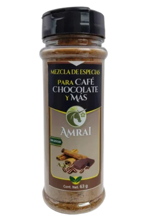 AMRAI Mezcla de Especias Para Cafe Chocolate Y Más, frasco de 63 g con tapa negra, sin azúcar.