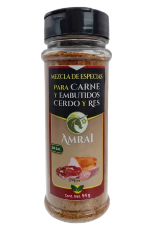 AMRAI Mezcla de Especias Para Carne Y Embutidos De Cerdo Y Res, frasco de 54 g con tapa negra, sin sal.