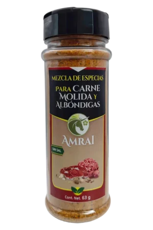 AMRAI Mezcla de Especias Para Carne Molida Y Albóndigas, frasco de 63 g con tapa negra, sin sal.