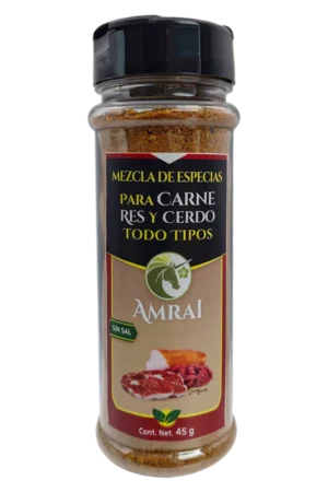 AMRAI Mezcla de Especias Para Carne De Res Y Cerdo De Todo Tipo, frasco de 45 g con tapa negra, sin sal.