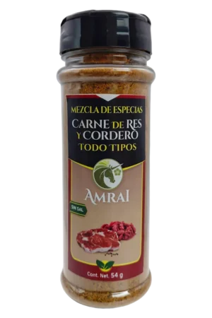 AMRAI Mezcla de Especias Para Carne De Res Y Cordero De Todo Tipo, frasco de 54 g con tapa negra, sin sal.