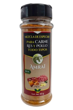 AMRAI Mezcla de Especias Para Carne De Res Y Pollo De Todo Tipo, frasco de 63 g con tapa negra, sin sal.
