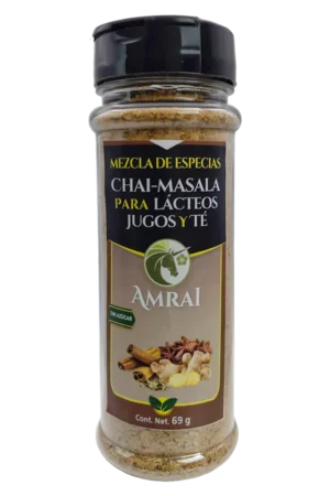 AMRAI Mezcla de Especias Chai Masala Para Lacteos, Jugos Y Te, frasco de 69 g con tapa negra, sin azúcar.