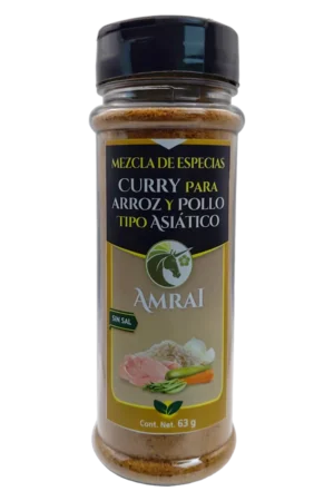 AMRAI Mezcla de Especias Curry Para Arroz Y Pollo, Estilo Asiatico , frasco de 63 g con tapa negra, sin sal.