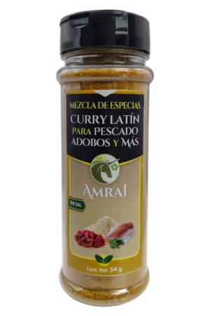 AMRAI Mezcla de Especias Curry Latin Para Pescado, Adobos Y Más, frasco de 54 g con tapa negra, sin sal.