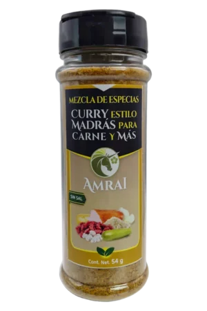 AMRAI Mezcla de Especias Curry Estilo Madras Para Carne Y Más, frasco de 54 g con tapa negra, sin sal.