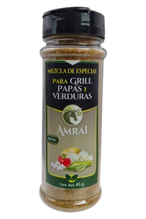 AMRAI Mezcla de Especias Para Grill Papas Y Verduras, frasco de 45 g con tapa negra, sin sal.