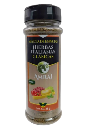 AMRAI Mezcla de Especias Hierbas Italianas Clasicas, frasco de 36 g con tapa negra, sin sal.