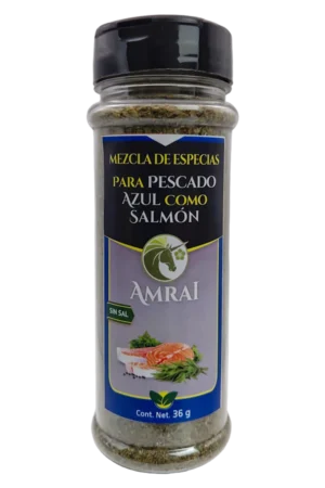 AMRAI Mezcla de Especias Para Pescado Azul Como Salmón, frasco de 36 g con tapa negra, sin sal.