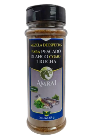 AMRAI Mezcla de Especias Para Pescado Blanco Como Trucha, frasco de 54 g con tapa negra, sin sal.