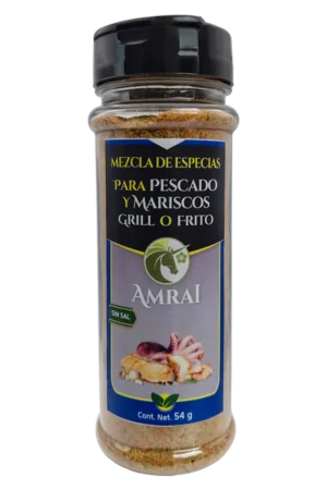 AMRAI Mezcla de Especias Para Pescado Y Mariscos Grill O Frito, frasco de 54 g con tapa negra, sin sal.