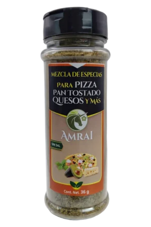 AMRAI Mezcla de Especias Para Pizza Pan Tostado Quesos Y Más, frasco de 36 g con tapa negra, sin sal.