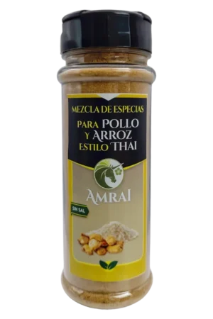 AMRAI Mezcla de Especias Para Pollo Y Arroz, Estilo Thai, frasco de 54 g con tapa negra, sin sal.