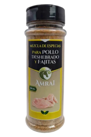AMRAI Mezcla de Especias Para Pollo Deshebrado Y Fajitas, frasco de 54 g con tapa negra, sin sal.