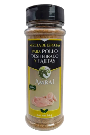 AMRAI Mezcla de Especias Para Pollo Deshebrado Y Fajitas, frasco de 54 g con tapa negra, sin sal.