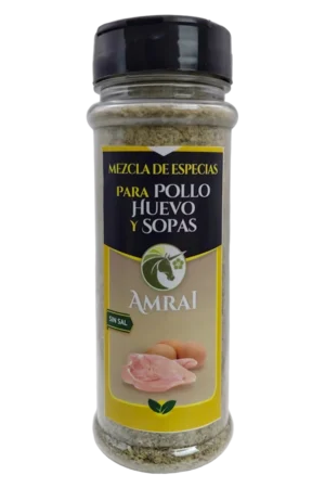 AMRAI Mezcla de Especias Para Pollo, Huevo Y Sopas, frasco de 36 g con tapa negra, sin sal.