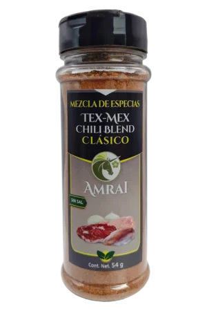 AMRAI Mezcla de Especias Tex-Mex Chili Blend Clasico, frasco de 54 g con tapa negra, sin sal.