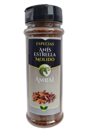 AMRAI Anís Estrella Molido, especias, frasco de 63 g con tapa negra.