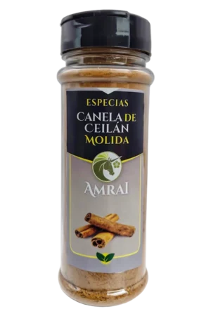 AMRAI Canela de Ceilán Molida, especias, frasco de 45 g con tapa negra.