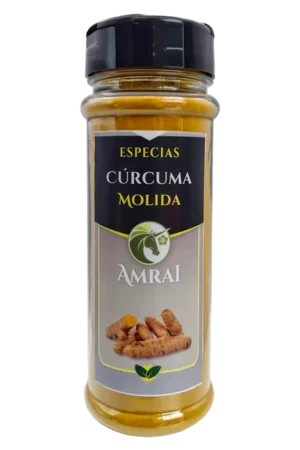 AMRAI Cúrcuma Molida, especias, frasco de 72 g con tapa negra.