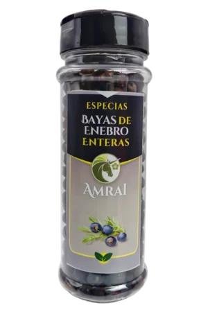 AMRAI Bayas De Enebro Enteras, especias, frasco de 40 g con tapa negra.