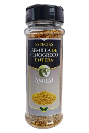 AMRAI Semilla De Fenogreco Entera, especias, frasco de 92 g con tapa negra.