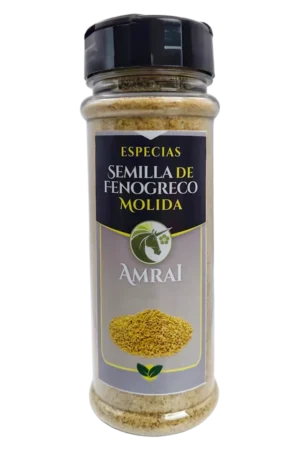 AMRAI Semilla De Fenogreco Molida, especias, frasco de 92 g con tapa negra.