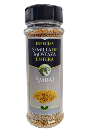 AMRAI Semilla De Mostaza Entera, especias, frasco de 92g con tapa negra.