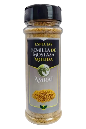 AMRAI Semilla Mostaza Molida, especias, frasco de 72 g con tapa negra.