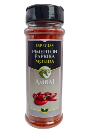 AMRAI Pimentón Paprika Molido, especias, frasco de 69 g con tapa negra.