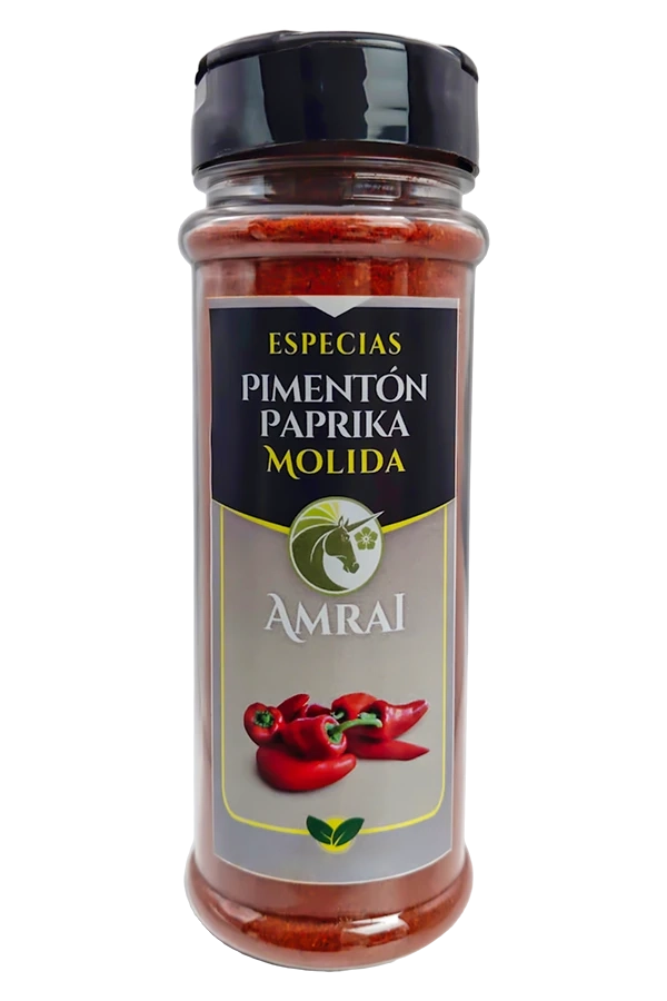 AMRAI Pimentón Paprika Molido, especias, frasco de 69 g con tapa negra.