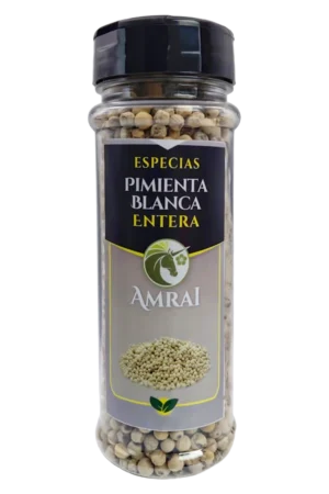 AMRAI Pimienta Blanca Entera, especias, frasco de 69 g con tapa negra.