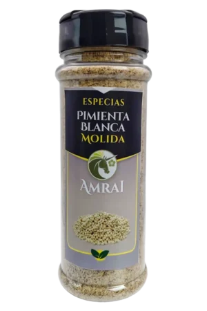 AMRAI Pimienta Blanca Molida, especias, frasco de 77 g con tapa negra.