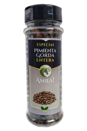 AMRAI Pimienta Gorda Entera, especias, frasco de 47 g con tapa negra.