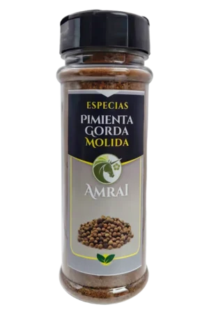 AMRAI Pimienta Gorda Molida, especias, frasco de 63 g con tapa negra.