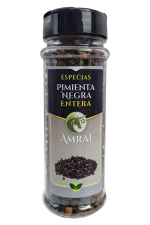 AMRAI Pimienta Negra Entera, especias, frasco de 69 g con tapa negra.